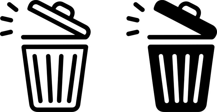Two trash bins with lids open emitting particles to represent different types of waste disposal