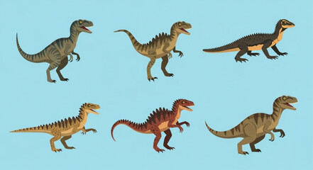 Collection of Six Different Dinosaur Illustrations on Blue Background. © su