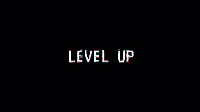 level up animated text with glitch effect on transparent background. 8 bit video game screen saver. pixel distort text animation. 4k video animation