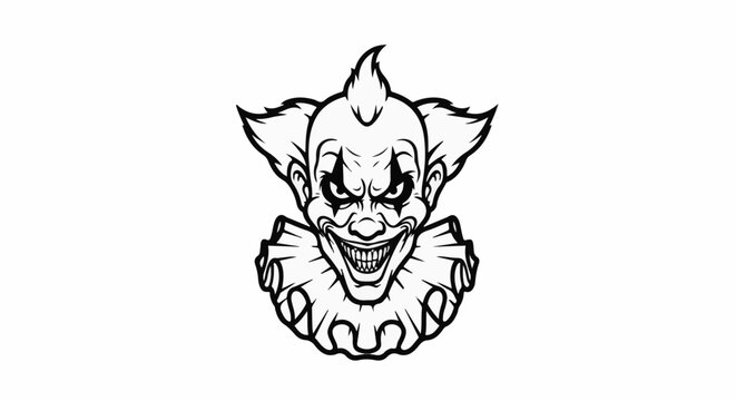 A menacing clown's face with sharp teeth and piercing eyes, bordered by ruffles