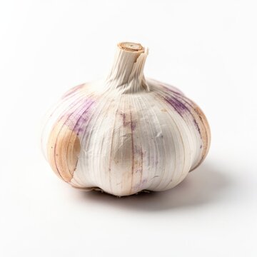 A whole fresh garlic bulb with purple stripes isolated on a clean white background, perfect for culinary and healthy eating concepts.