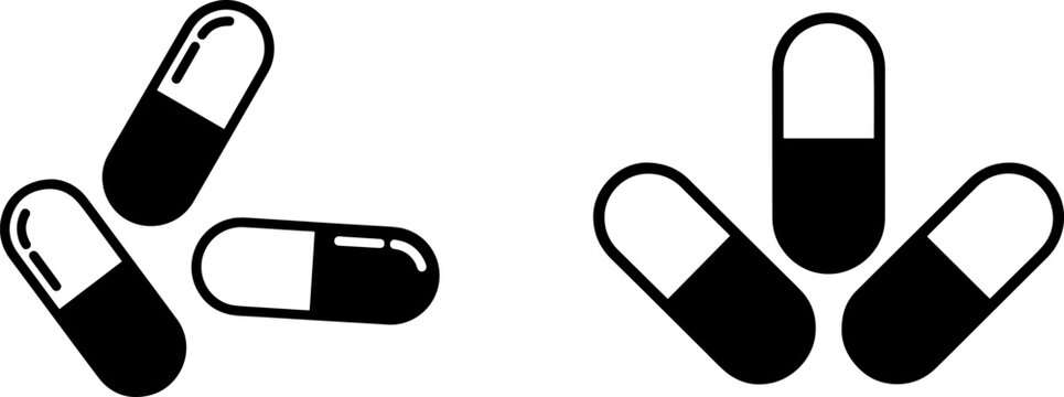 Black and white illustration of various capsule and pill shapes arranged in two groups