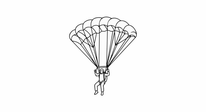 A line drawing depicts a person descending under a fully deployed parachute