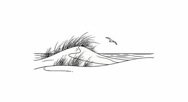 A minimalist line drawing of a coastal scene with sand dunes and a seagull