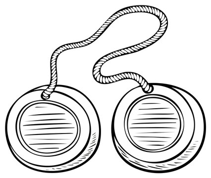 Vintage clacker balls toy in a hand drawn black and white line art illustration style
