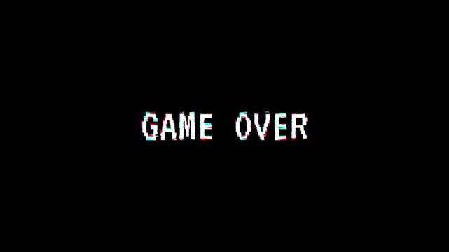 Game Over text animation featuring a digital glitch effect, isolated on a transparent background. Suitable for screen mode, vintage arcade ,VHS-style static and motion graphics overlay,