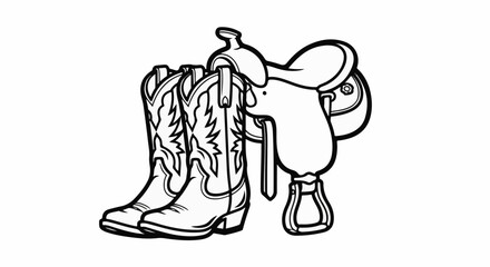 Obraz premium A saddle and two cowboy boots are depicted in a line art style