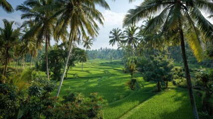 Obraz premium Lush Green Rice Field Surrounded by Tall Palm Trees Under Bright Blue Sky in Tropical Environment
