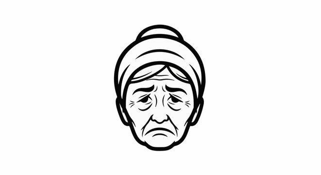 A sad elderly woman's face with deep wrinkles and a hair bun
