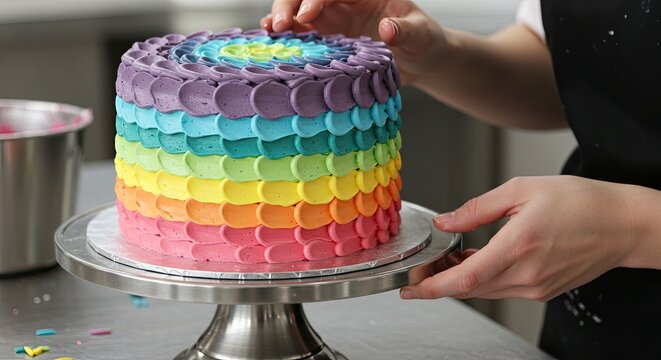 Decorating a vibrant rainbow cake close up of culinary artistry