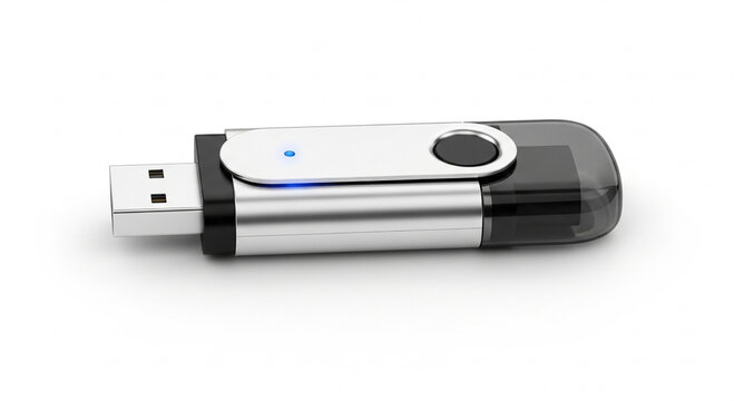 Digital storage device for data transfer and electronic information storage on a white background, a portable flash drive