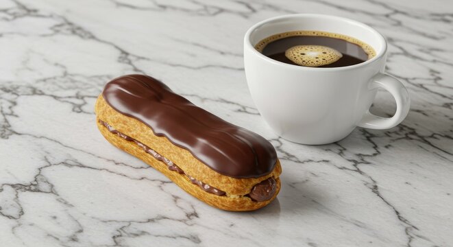 Delicious chocolate eclair and coffee cup on marble surface overhead view