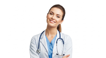 Fototapeta premium Confident and friendly female doctor in a white coat with a stethoscope, smiling at the camera, conveying professionalism and care in a healthcare setting