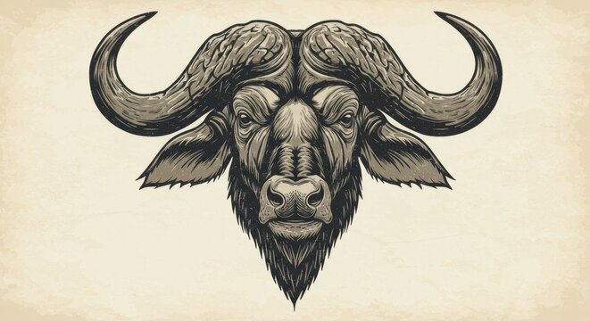 Detailed illustration of a buffalo head with large curved horns