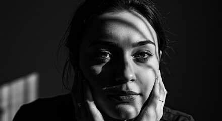 Fototapeta premium Dramatic black and white portrait of a woman with shadows and sunlight