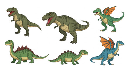 Collection of six different cartoon dinosaurs and dragon like creatures. © Tanto
