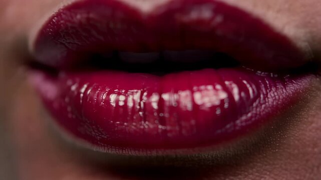 Close-up of Luscious, Deep Red Lipstick on Full, Glossy Lips, Highlighting Texture and Shine.