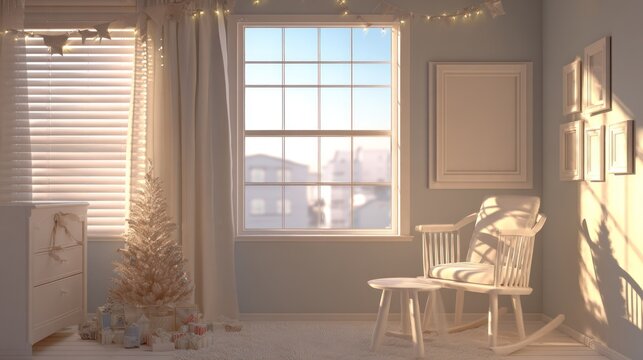 Bright morning sunlight streams into a softly decorated nursery room featuring a small holiday tree and white furniture.