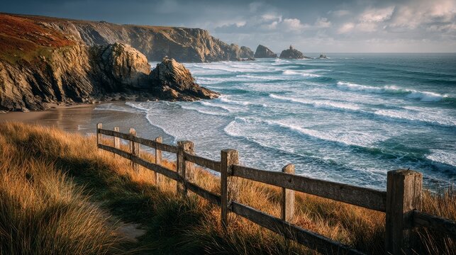 Serene coastal path at Mawgan Porth with cliffs, waves, wooden fence, sandy beach, windswept grass, soft ocean tones, warm sunlight, calming cinematic mood