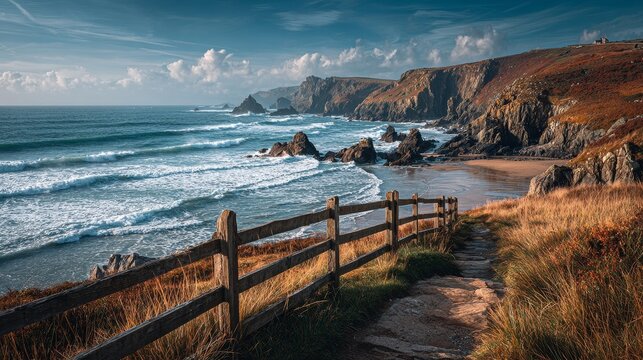 Serene coastal path at Mawgan Porth with cliffs, waves, wooden fence, sandy beach, windswept grass, soft ocean tones, warm sunlight, calming cinematic mood