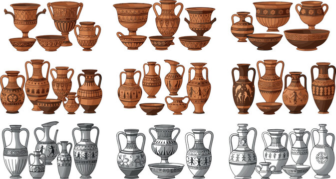 Ancient pottery and ceramic vases collection with traditional ornamental patterns vintage clay vessels flat vector illustration set