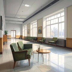 Fototapeta premium A serene waiting area with green chairs and a wooden table