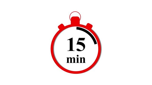 15 minute timer countdown clock animation, red stopwatch for time management and productivity presentations