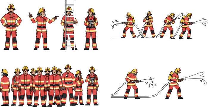 Firefighter characters set with emergency rescue actions hose ladder team and equipment detailed flat vector illustration collection isolated