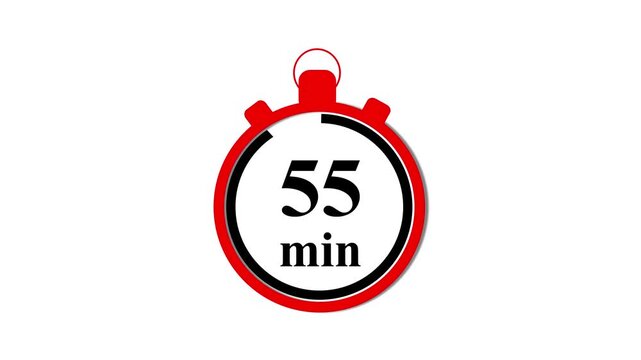 55 minute countdown timer animation with red stopwatch for time management and productivity projects
