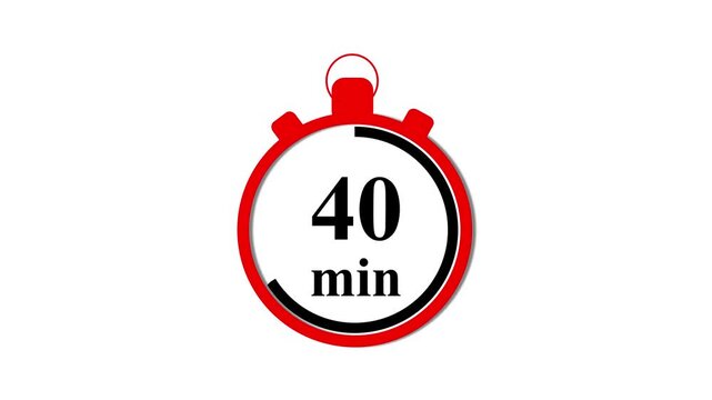 40 minute stopwatch timer animation, red countdown clock for time management and productivity, isolated on white background