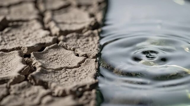 Cracked earth water ripple abstract split concept contrast between drought and hydration, nature texture, environmental change, hope and despair, climate impact, dry cracked earth water surface