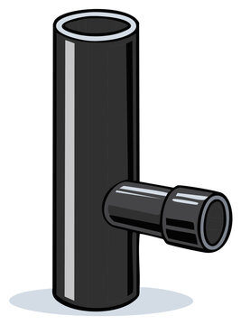 Black plastic T shaped pipe fitting vector illustration for plumbing and industrial pipelines