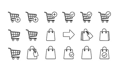 Shopping cart and bag icon set vector ecommerce outline collection editable stroke minimalist UI design © MdMahfizur