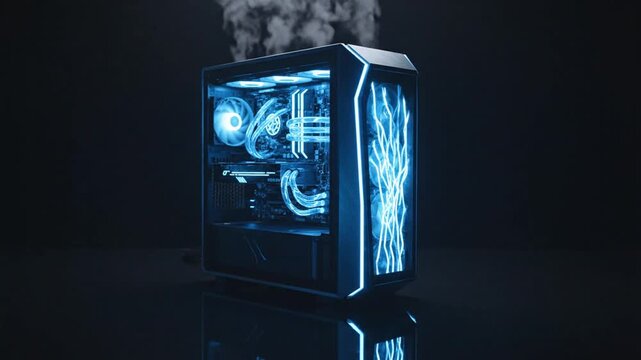 Modern gaming computer case with blue lighting and internal components