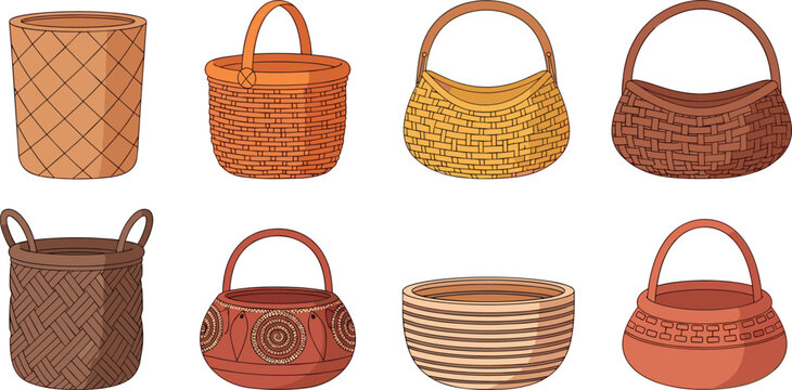 Woven basket bag vector set with handmade wicker containers rustic storage handbags and household illustration collection isolated