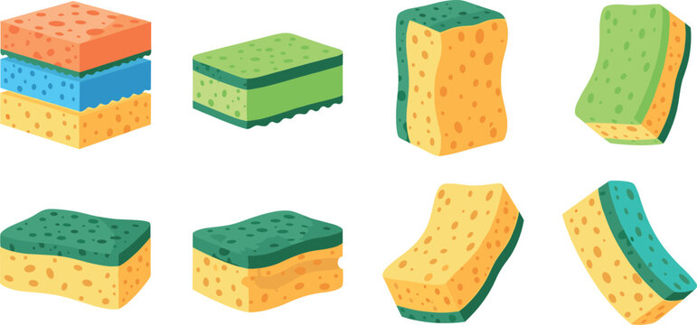 Kitchen sponge vector set with colorful cleaning scrub blocks household dishwashing tools foam texture illustration collection isolated