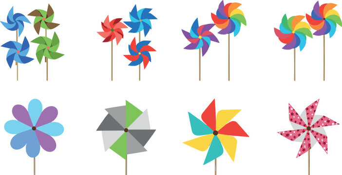 Colorful pinwheel vector set with playful wind spinners kids toy decorations bright rainbow paper windmill collection