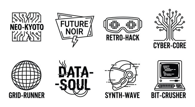 Cyberpunk and retro tech themed icons with futuristic city, glitch art, and computer elements.