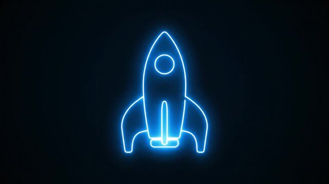 A glowing blue neon illustration of a rocket ship blasts off into the dark space.