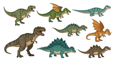 Collection of various dinosaur illustrations in different poses. © Tono