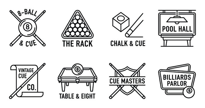 Eight billiard sport emblems with pool cues and balls representing games in club.