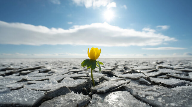 Winter aconite flower blooms amidst the fractured ice of a frozen landscape under a bright, sunny winter sky.