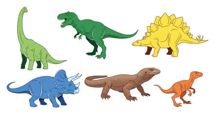 Collection of Six Different Cartoon Dinosaurs on White Background. © Tono