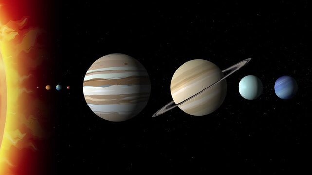 Animated solar system showing sun and planets in orbit against starry background, zoom out.