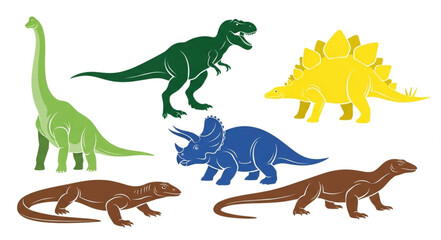 Collection of colorful dinosaur illustrations in various poses. © Tono