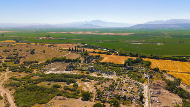 Balat, Turkey. Aerial drone view of North Agora, Bouleuterion council house and Nymphaeum in the ancient city of Miletus. Aerial View