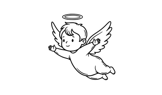 Flying baby angel outline illustration with halo playful line art vector for romantic and holiday designs