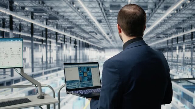 Engineer man reviewing semiconductors smart factory schematics with laptop. Manager oversees integrated circuits infrastructure layouts using EDA software on notebook in industry 4.0 plant, camera A