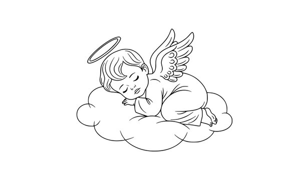 Sleeping baby angel outline vector on cloud with halo elegant line art for spiritual and decorative projects