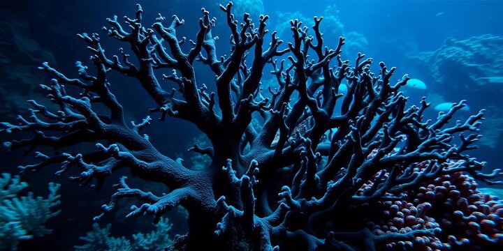 Intricate black coral branching structure, deep sea habitat,  wildlife,  dark